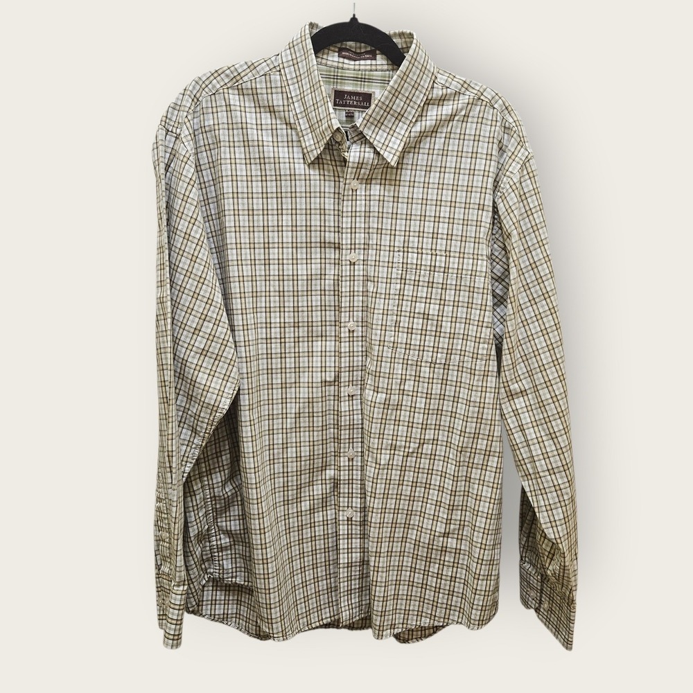 James Tattersall Mens XL Plaid Button Down Shirt Green Tan Cotton JT#248 17-17.5